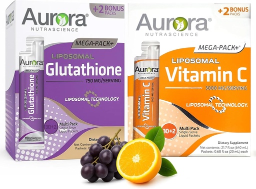 [BRSRAFI3CMGR6HL5] Vida Lifescience Aurora Nutrascience Mega Vitamin C & Glutathion Bundle, 64 Packets 