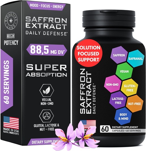 [BRSRMAADDNYR4H3D] Optimized Saffron Supplements - 88.5mg Pure Saffron Extract for Mood Support, Focus, Energy - Plus Crocin, Crocetin, Kaempferol - Gluten-Free, Non-GMO - 1-a-Day 60 Capsules