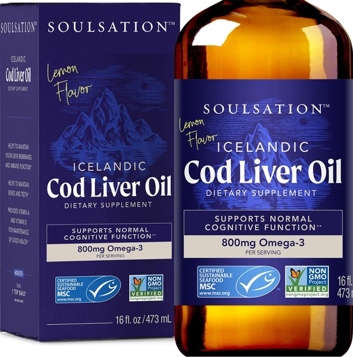 [BRSRMHD3OF5REDTG] SOULSATION Icelandic Cod Liver Oil Liquid, Lemon (16oz) - Vitamins A & D, EPA & DHA - Helps Vision, Skin Membranes & Immune Function - MSC Certified, Non-GMO