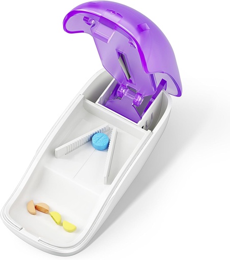 [BRSROH3RCR5BE3DV] Fendeur à pilules pour petites et petites pilules, Fendeur à pilules pour couper les comprimés de vitamines en deux, Fendeur à pilules avec garde à lame, Violet