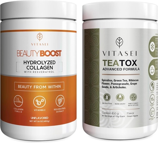[BRSRAGAZC4NAI3D4] VITASEI Wellness Bundle – Hydrolyzed Collagen Peptides Powder & Teatox Detox & Cleanse Support Powder – Hair, Skin, Nails & Digestion Booster for Women & Men