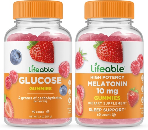 [BRSROZAEDEBRS2D2] Lifeable Glucose + Melatonin 10mg, Gummies Bundle - Great Tasting, Vitamin Supplement, Gluten Free, GMO Free, Chewable Gummy