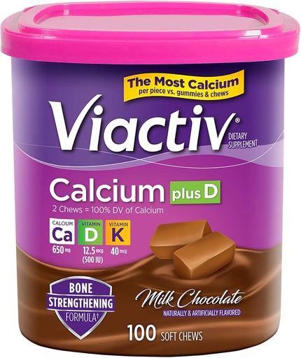 [BRSWIFQQCAOGYCTI] Viactiv Calcium +Vitamin D3 Supplement Soft Chews, Milk Chocolate, 100 Chews - Calcium Dietary Supplement for Bone Health
