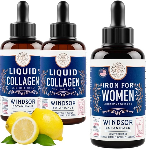 [BRSW2CAFBEIWO2QV] WINDSOR BOTANICALS Liquid Collagen 2-Pack and Liquid Iron for Women Beauty and Wellness Bundle