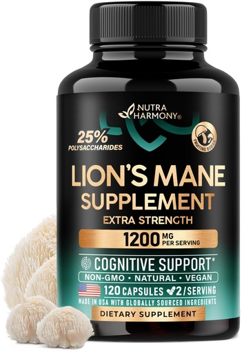[BRSROBAHA4FAAF3Z] Lions Mane Supplement Capsules - Organic Lions Mane - Made in USA - Fruiting Bodies Extract - 1200 mg, 25% Polysaccharides - Memory & Focus Support - As Lions Powder - 120 Capsules, 2 Month Supply