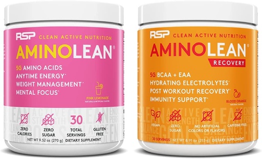 [BRSW2EANBMFQGGQ4] RSP NUTRItion AminoLean Pre Workout Energy (Pink Lemonade 30 Servings) с AminoLean възстановяване след тренировка Boost (Blood Orange 30 Servings)