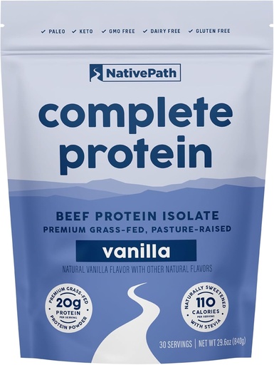 [BRSRAADQC4IRO3LZ] NativePath Complete Beef Protein Powder Isolate  говежда трева-Fed, пастьоризирана, млечно и лактоза безплатно, глутен безплатно, Zero Sugar, MCTs & Aminum Acids    по 20g Протеин, ванилов аромат, 30 Сервиз