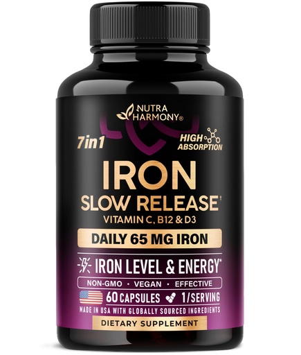 [BRSRAZT6AUFQKCI3] Iron Supplement for Women - Iron 65mg (Ferrous Sulfate 325mg) - Stomach Friendly | Slow Release Iron | High Absorption - Vitamins C, D3, B6, B12 & Folate - Iron Level & Energy Support - 60 Capsules