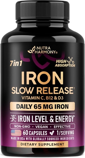 [BRSRAZT6AUFQKCI3] Suplemento de hierro para mujeres - Iron 65mg (Sulfato ferroso 325mg) - Stomach Friendly TEN Slow Release Iron TEN High Absorption - Vitaminas C, D3, B6, B12 &amp; Folate - Nivel de hierro &amp; Energy Support - 60 cápsulas