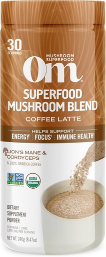[BRSRMZAYORYGK3DP] OM MUSHROOM SUPERFOOD Coffee Latte Blend Mushroom Powder, 8.47 Ounce Canister, 30 Servings, Lion's Mane, Cordyceps, Reishi, Chaga, Energy & Mental Clarity Suplement