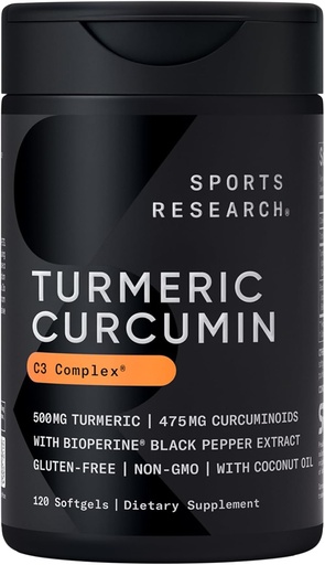 [BRSWIE32PICAIF3E] Sports Research Turmeric Curcumin C3 Complex - Softgels with Bioperine Black Pepper Extract & Organic Coconut Oil, Standardized 95% Curcuminoids - Non-GMO Verified & Gluten Free - 500mg, 120 Count