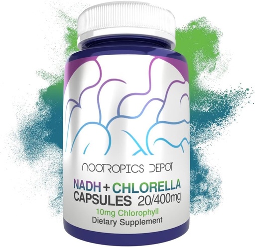 [BRSRMBA3CEAWC3A7] Nootropics Depot NADH + Chlorophyll 10mg Capsules | Nicotinamide Adenine Dinucleotide 20mg | Chlorella vulgaris (Broken Cell) 400mg |Energy, Alertness, Mental Clarity, & Healthy Aging, 90 Count