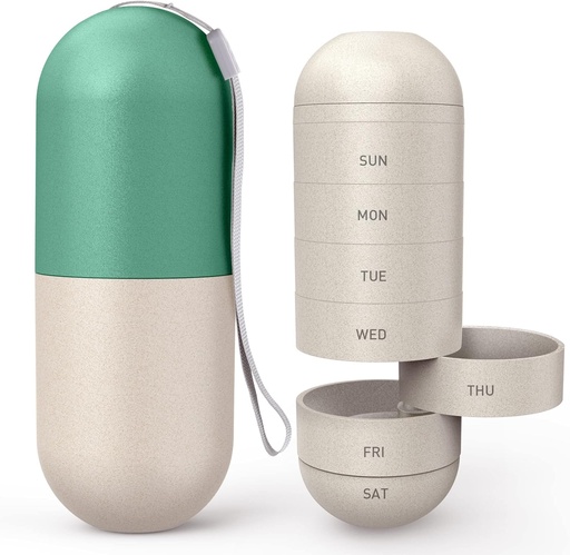 [BRSW22QNAANRGAYZ] Zannaki Modernisation Grand Compartiment Fibre de Grain Moisture Proof Cute Weekly Pill Organizer, Laser Carving Markings, BPA Voyage libre Randonnée 7 jours Pill Box Case pour tenir les pilules, les vitamines, l'huile de poisson, suppléments