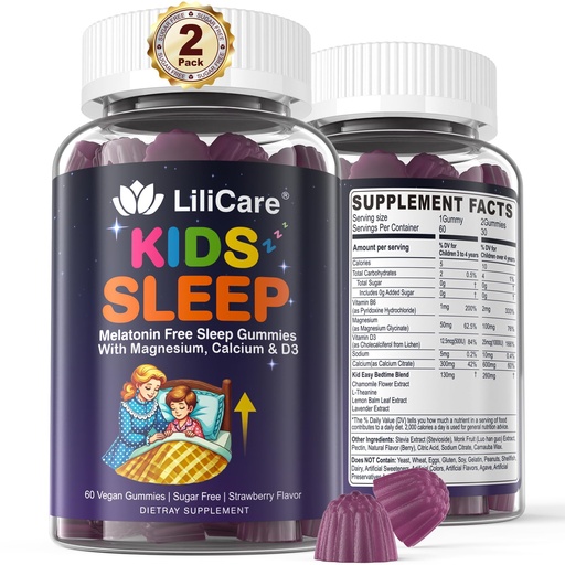 [BRSRAGQTCJ6QKDY3] LILICARE Kids Sleep Gummies - Magnesium Glycinate Gummies, Melatonin Free Sleep Aid | Magnesium, Calcium, D3, B6, L Theanine | Kid Melatonin Alternative for Restful Sleep (Pack of 2)