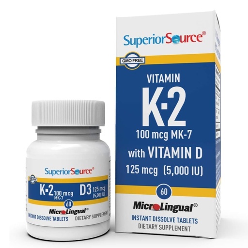 [BRSWYZTQCIOWM2T2] Superior Source K2 (MK-7) 100 mcg, with D3 (5,000 IU) Supplement, Quick Dissolve MicroLingual Tablets, 60 Count, Strengthen Bones, Cardiovascular & Immune System Support, Non-GMO
