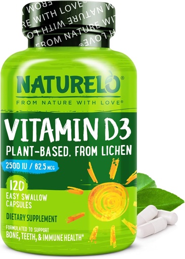 [BRSRMZQ7OR6RU3D3] NATURELO D-vitamiin - 2500 RÜ - taim, mis põhineb samblikul - looduslik D3 toidulisand immuunsüsteemile, luude tugi, liigeste tervis - vegan - mitte-GMO - gluteenivaba - 120 kapslit
