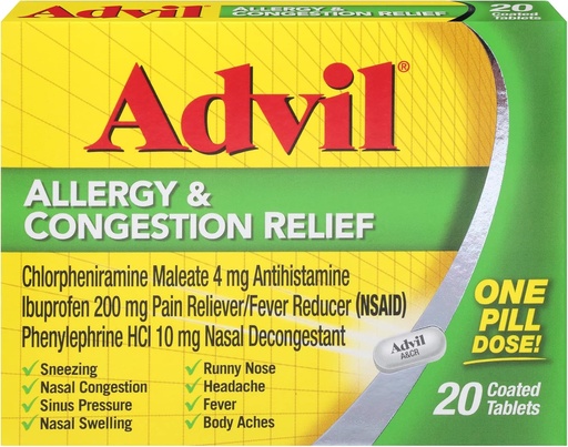 [BRSRMAT5OUBQIALV] Advil Allergi og Congestion Relief Tabletter, smertefriere, Feber Reduser og Allergi Relief med Ibuprofen, Phenylephrin HCl og klorfeniramin Maleat 4 mg - 20 belagte tabletter