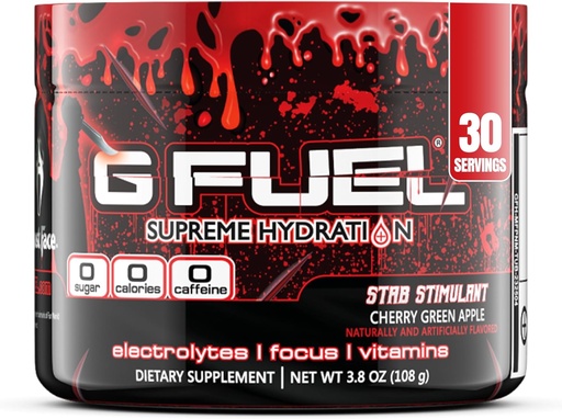 [BRSRAHTRAB6WECTK] G Fuel Electrolyte Powder, Cherry Green Apple, Stab Stimulant, Zero Sugar and Caffeine-Free Hydration Mix with Electrolytes and Vitamins, 3.8 oz (Ghost Face, 30 Servings)