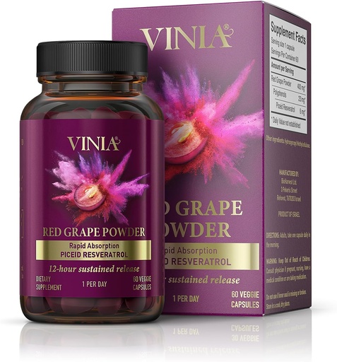 [BRSROZALOIBQKFA7] VINIA 12-Hour Long-Lasting Piceid Resveratrol Suplemento. Nitric Oxide Booster. Soporta la salud del corazón, el flujo de sangre, el polvo superalimentario de oxígeno, Keto Friendly. Vegan " Non-GMO. Suministro de 60 días
