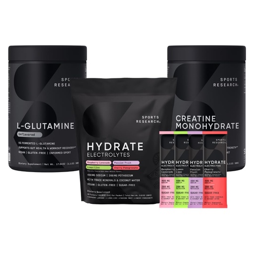 [BRSROCYZO4ORE2D6] Sports Research L-Glutamine (1.1 lbs), Sugar-Free Naturally Flavored Hydrate Electrolytes 16x Variety Packets and Creatine Monohydrate (1.1 lbs)