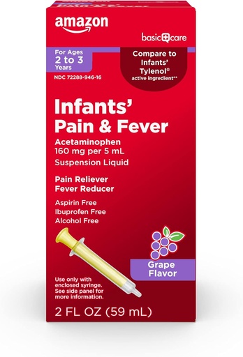 [BRSW2ZARCQNAMELH] 기본적인 배려 유아의 고통과 Fever 구두 중단, 5 mL 당 Acetaminophen 160 mg, 아이들을 위한 빠른, 효과적인 고통 Reliever 및 Fever 흡진기, 포도 풍미, 2개의 fl oz (포장 1)