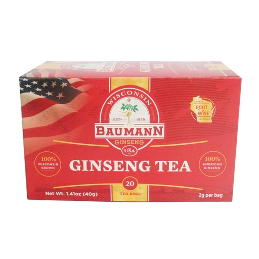 [BRSWYYYTAV7GY3LH] Baumann Premium American Ginseng Tea Bags (20 Tea Bags) - Authentic Panax Wisconsin Grown Panax Ginseng Herbal Tea - Healthy Green Tea with Antioxidant Ginsenosides for Enhanced Focus & Energy