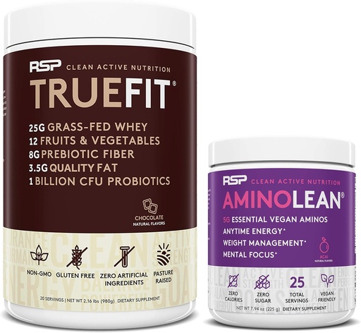 [BRSWYGQ2BYCRQ33D] RSP NUTRITION Vegan AminoLean Pre Workout Energy (Acai 25 Servings) with TrueFit Protein Powder (Chocolate 2 LB)