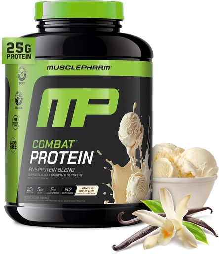 [BRSWIZQMBJ6RO3LU] MusclePharm Combat Pudră de proteine, Aroma de vanilie, Combustibili Muşchii pentru Antrenamente Productive, 5 Surse de proteine, inclusiv Proteine Izolate & Ou Albumin, Gluten gratuit, 4 lb, 52 Serviri