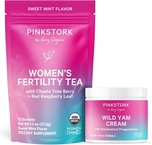 [BRSROGL5DICGYG3K] Pink Stork Fertility Tea and Wild Yam Cream for Women, Fertility, Ovulation, Conception, and Hormone Balance for Women with Chaste Tree Berry (Vitex) - Duo