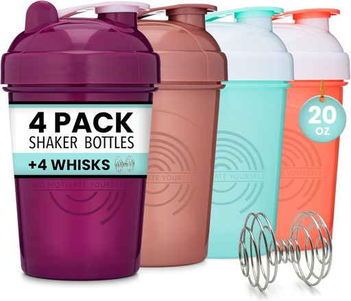 [BRSW2FQDOAARS237] GOMOYO 4-Pack - 20 Ounce Shaker Bottle, Protein Shaker Wire Whisk x4, Bulk Protein Drink and Pre-Workout Shaker Cups, Dishwasher Safe & BPA Free