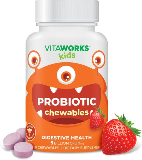[BRSRMHYCB4BAIHY2] Kids Probiotic 5 Billion CFU Acidophilus Blend with Prebiotic Fiber Chewable Tablets - Berry Flavor - Vegan - Nut Free - Dietary Supplement - Probiotics for Digestive Health - 60 Chewables