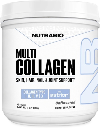 [BRSRAGQNA4DRQADJ] NutraBio Multi Collagen Powder- Hydrolyzed Collagen Peptider til glødende hår & Skin- Grass- Fed- Collagen pulver til kvinder og men- 40 Servere