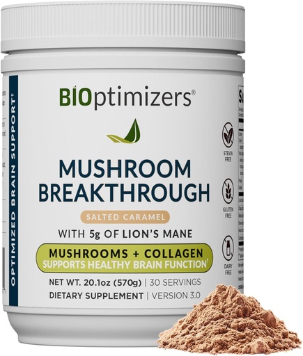 [BRSROBLQBMMAA3T7] BIOptimizers Mushroom CaffÃ ̈ Alternativa – Caramel salato Bevanda – Lion's Mane, Chaga, Reishi + Collagen Peptides per Focus, Energy & Gut Health – Funghi adaptogeni & MCT Powder – 30 Servings