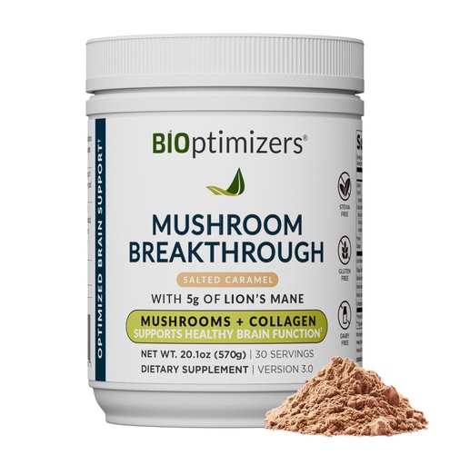 [BRSROBLQBMMAA3T7] BIOptimizers Mushroom Coffee Alternative – Salted Caramel Drink – Lion’s Mane, Chaga, Reishi + Collagen Peptides for Focus, Energy & Gut Health – Adaptogenic Mushrooms & MCT Powder – 30 Servings