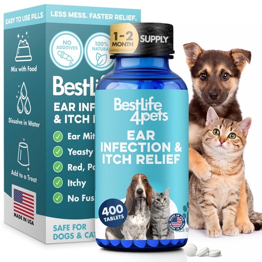 [BRSWYCYBBYFGGCL2] Itch Relief and Ear Infection Treatment for Dogs & Cats, Natural Ear Mites Treatment for Cats and Dogs Soothes Itchy Ears, Reduces Swelling, Otitis, Pain & Inflammation, 400 Easy to Give Tiny Pills