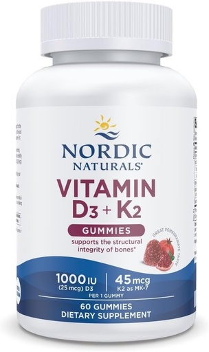 [BRSWECQZBB5AK3LO] Nordic Naturals D3 + K2 Gummies, Pomegranat - 60 Gummies - 1000 IU Vitamin D3 + 45 mg K2 - Stor smak - Bone Helse, fremmer sunn muskelfunksjon - Ikke-GMO - 60 Serveringer