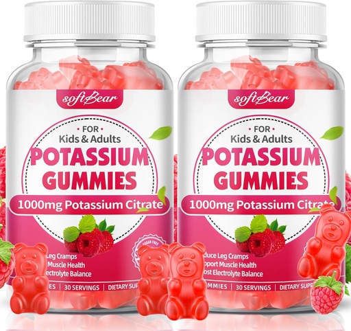 [BRSRA2QCAQNAICT5] softbear Potassium Citrate 1000mg Gummies – High Absorption Potassium Gummies for Muscle Support & Electrolyte Balance – Potassium Supplement for Women & Adults, Vegan, Raspberry Flavor (120 Count)