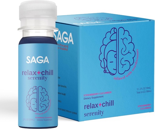 [BRSRMBD4C4CGGYLD] SAGA Organic Relaxation Shots | Contains Adaptogens & Mushrooms - Lion's Mane & Kava | High Bioavailability & Fast Onset | Elevate Mood & Reduce Fatigue | Strawberry Cucumber 2oz Shots (12-Pack)