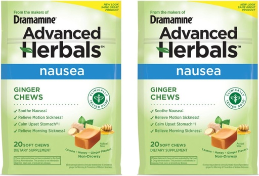 [BRSROZL4BF7GMDYV] Dramamine Ginger Chews, hjälper till med Nausea, Lemon Honey Ginger smak, 20 mjuka Chews (Pack of 2)
