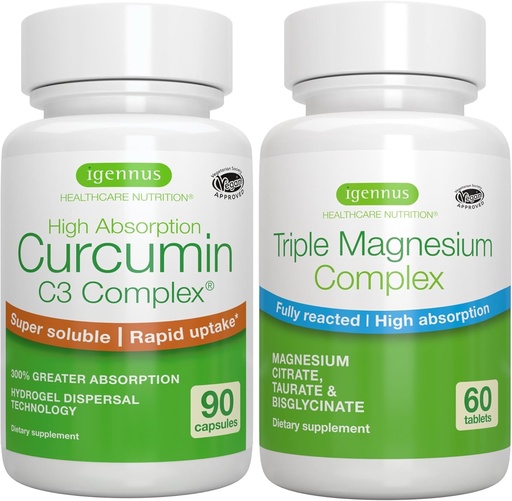 [BRSROBL3OF5BOYDK] Triple Magnesium Complex + High Absorption Curcumin C3 Complex, Vegan Bundle, High Absorption Chelated Glycinate, Taurate & Citrate Magnesium + 300% Greater Absorption Curcuminoids with Rapid Uptake,
