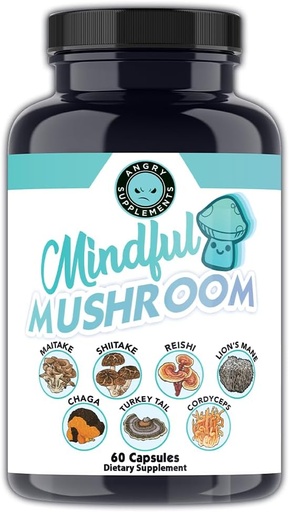 [BRSROBD5B4HA43AU] Angry Supplements Mindful Mushrooms Capsules - 7in1 Premium Health Shroom Blend of Maitake, Shiitake, Reishi, Turkey Tail, Cordyceps, Lions Mane and Chaga Mushrooms (60ct)