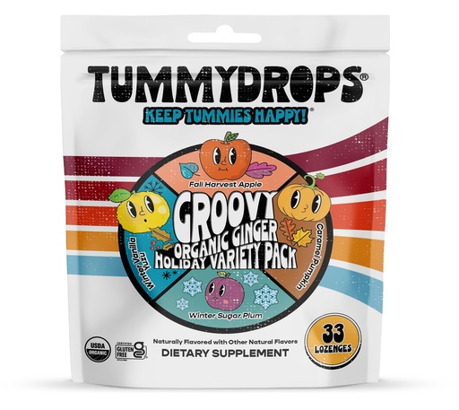 [BRSROAD7DMPA2G3F] USDA Organic Groovy Ginger Holiday Variety Tummydrops (Mix of Caramel Pumpkin, Fall Apple, Winter Yuzu & Sugar Plum Ginger Flavors). Bag with 33 assorted drops. Certified Gluten Free.