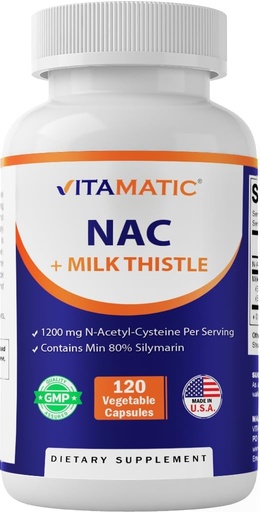 [BRSRAEDYPICAKCYU] Vitamatic NAC Supplement N-Acetyl-L-Cysteine (NAC) with Milk Thistle 50:1 Extract - Supports Immune, Respiratory, Liver Health, 1200 mg per Serving, 120 Veg Capsules