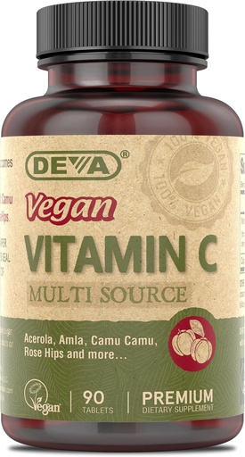 [BRSWYAQEC55WOYDA] DEVA Vegansk vitaminer - Vegansk mat basert Premium Vitamin C - Multisource - Ikke-GMO - 90 tabletter