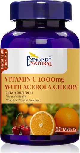 [BRSRAZAZCQMQGA32] Vitamin C 1000mg with Acerola Cherry (Supports Immune System, Energy Levels, Skin Vitality), GMP, Natural Product Assn Certified, Made in USA - 1000mg, 60 Tablets