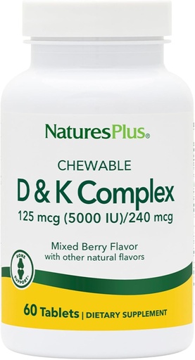 [BRSROGQCBYPR4FLB] Natures Plus D & K Complex - 60 Mixed Berry Chewables - Supports Calcium Metabolism - Vegetarian, Non-GMO, Gluten Free, Soy Free - 60 Servings