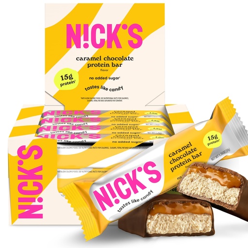 [BRSW2FD4AV6Q2E3F] N!CK'S Protein Bars Chocolate Caramel – 12-Count Box | Protein-Packed Snack, Low Calories, Low Carbs, Keto Friendly, No Added Sugar (12 bars x 50g)