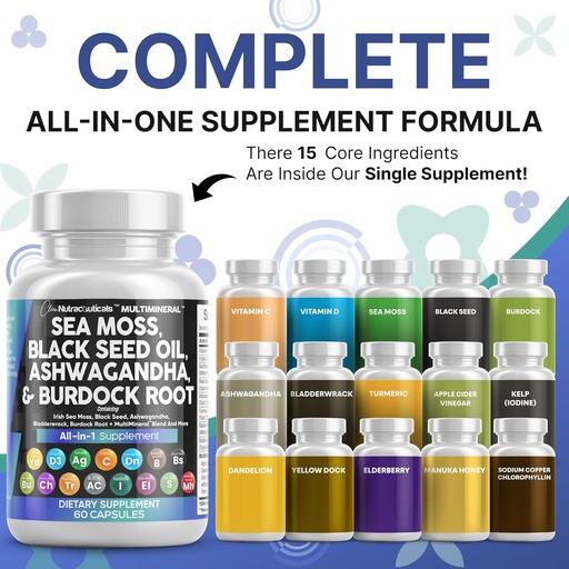 [BRSRMAQ6AUHA23LF] Clean Nutraceuticals Sea Moss Black Seed Oil Ashwagandha Turmeric Bladderwrack Burdock & Vitamin C Vitamin D3 with Elderberry Manuka Dandelion Yellow Dock Iodine Chlorophyll ACV - 2Pack