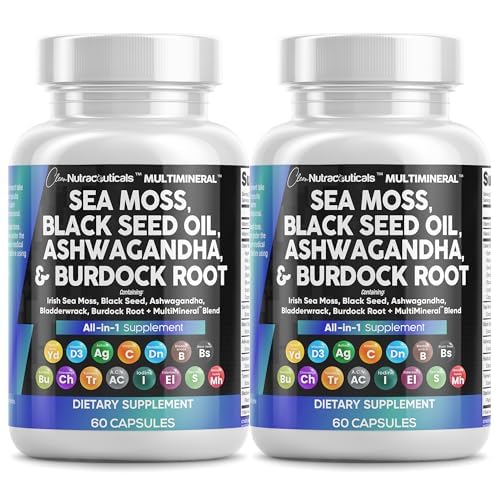 [BRSRMAQ6AUHA23LF] Clean Nutraceuticals Sea Moss Black Seed Oil Ashwagandha Turmeric Bladderwrack Burdock & Vitamin C Vitamin D3 with Elderberry Manuka Dandelion Yellow Dock Iodine Chlorophyll ACV - 2Pack
