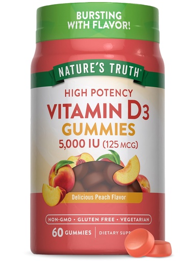 [BRSW2BQ2OF7BMC3X] Nature's Truth Vitamin D3 Gummies | 5000 IU | 60 Count | Peach Flavor | Vegetarian, Non-GMO & Gluten Free Supplement